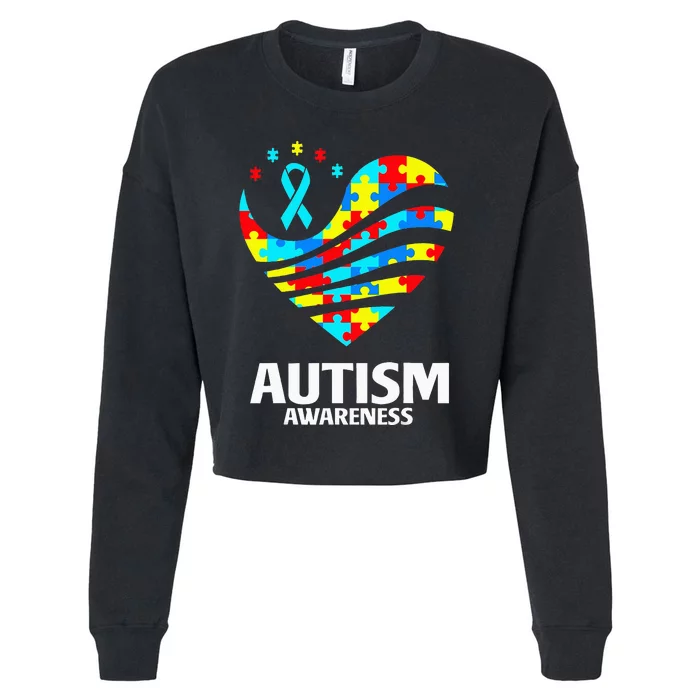 World Autism Awareness Puzzle Pieces Heart Autistic Cropped Pullover Crew