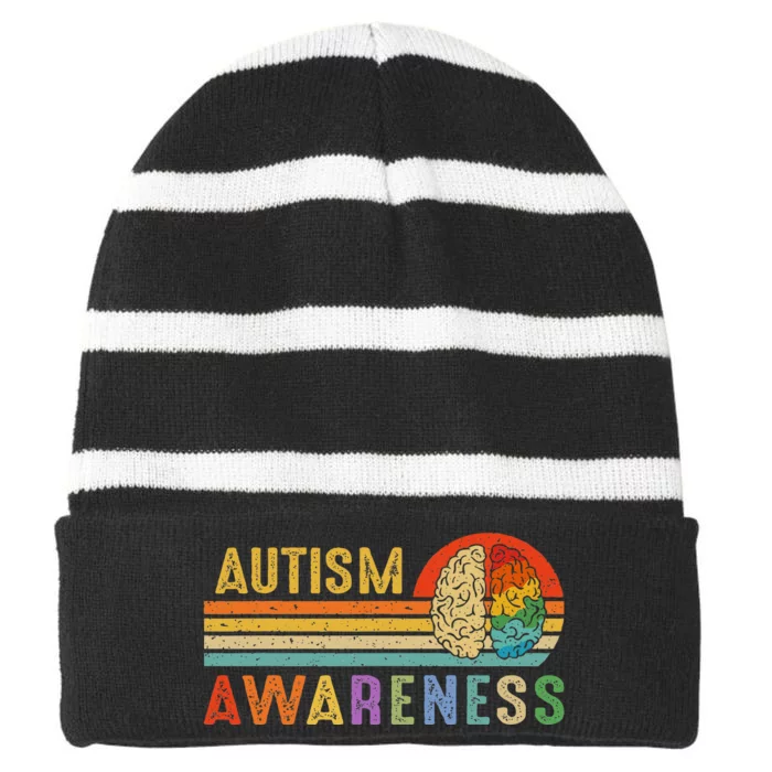 World Autism Awareness Neurodiversity Autistic April Sunset Striped Beanie with Solid Band