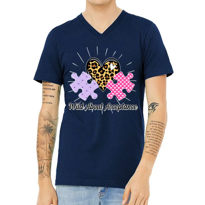 Wild About Acceptance Autism Awareness Puzzle Heart V-Neck T-Shirt