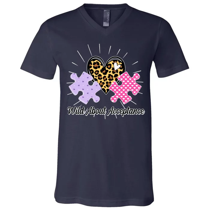 Wild About Acceptance Autism Awareness Puzzle Heart V-Neck T-Shirt