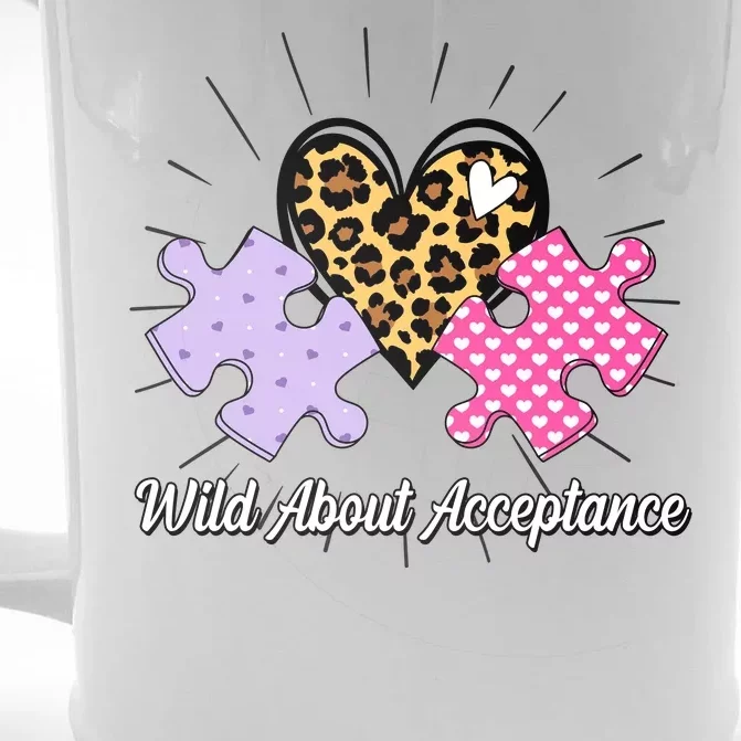 Wild About Acceptance Autism Awareness Puzzle Heart Front & Back Beer Stein