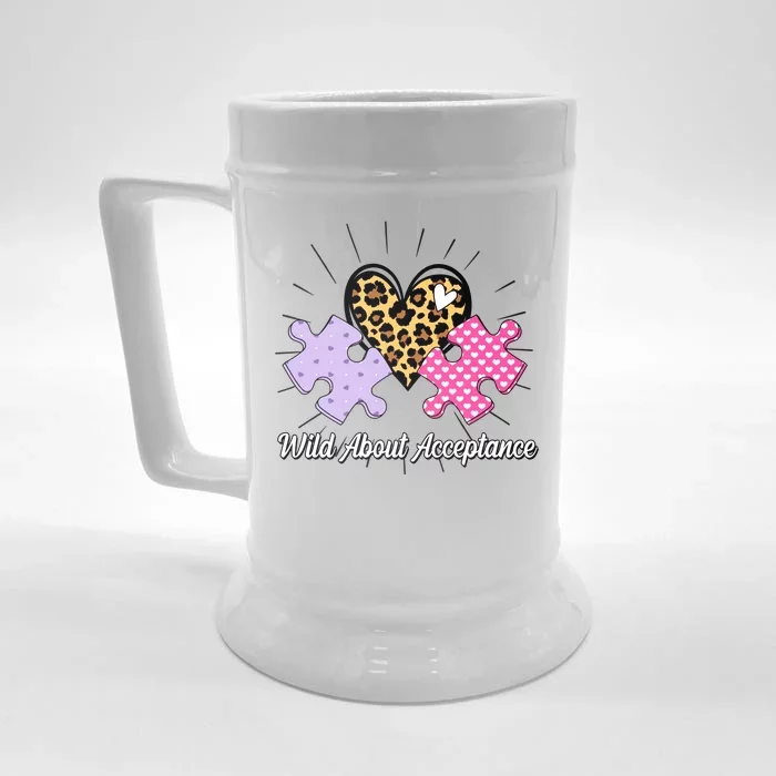 Wild About Acceptance Autism Awareness Puzzle Heart Front & Back Beer Stein