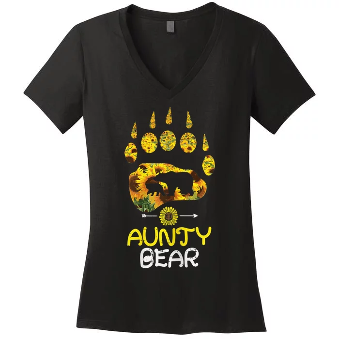 Wo Aunty Bear Paw Sunflower Floral Mother Day Aunt Auntie Wo Women's V-Neck T-Shirt