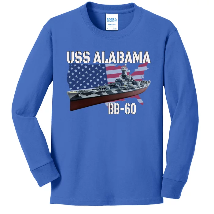 Ww2 American Battleship Uss Alabama Bb60 Warship Veterans Gift Kids Long Sleeve Shirt