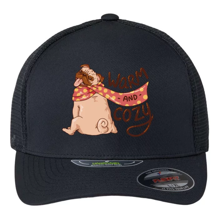 Warm And Cozy Pug Flexfit Unipanel Trucker Cap