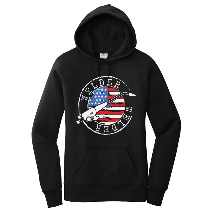 Welder American Flag Welding Gift Usa Patriotic Retro Helmet Women's Pullover Hoodie