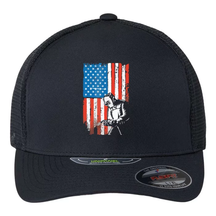 Welding American Flag Welder Fathers Day Design On Back Flexfit Unipanel Trucker Cap