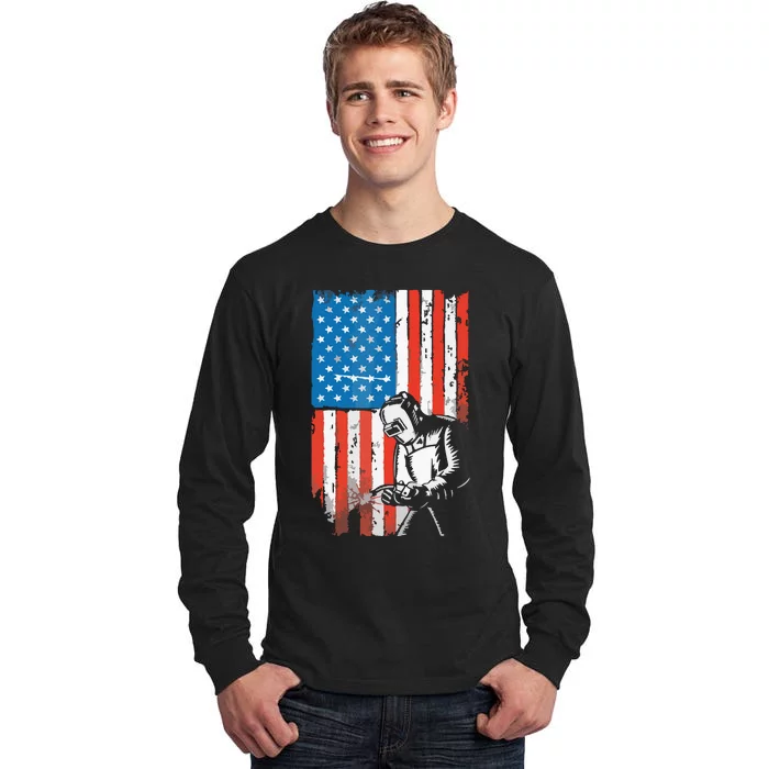 Welding American Flag Welder Fathers Day Design On Back Tall Long Sleeve T-Shirt