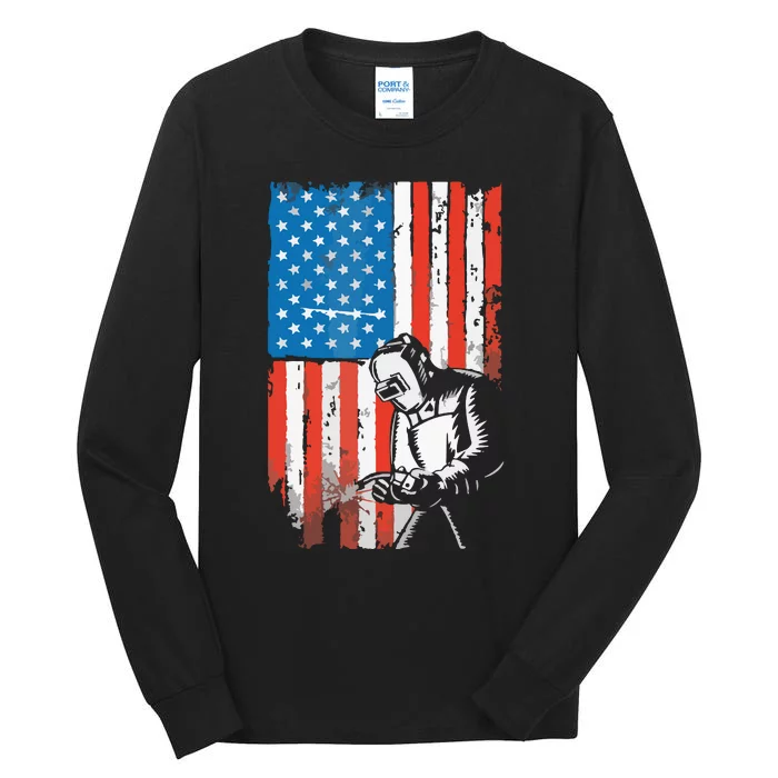 Welding American Flag Welder Fathers Day Design On Back Tall Long Sleeve T-Shirt