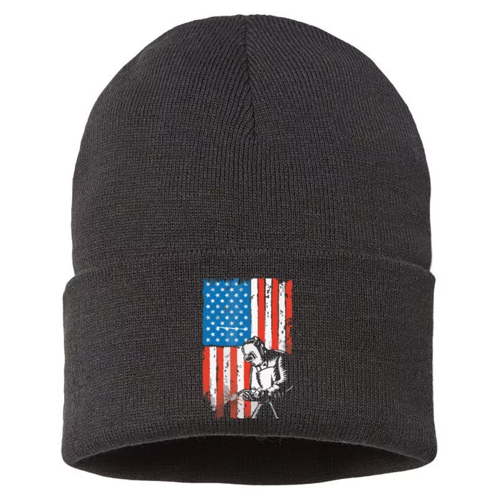 Welding American Flag Welder Fathers Day Design On Back Sustainable Knit Beanie