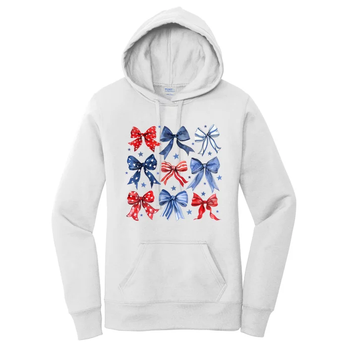 Women American Flag Coquette Bows 4th Of July Patriotic Bows Girl Gift Women's Pullover Hoodie