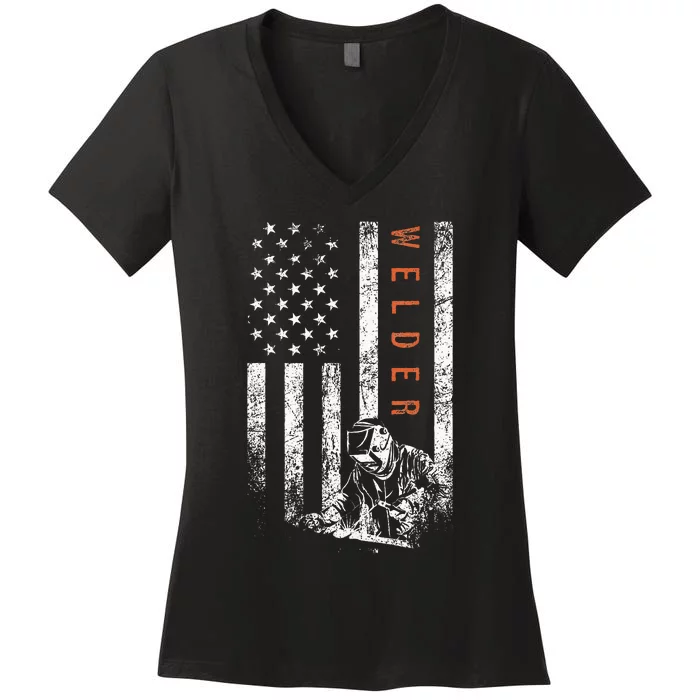 Welder American Flag Design Welding Women's V-Neck T-Shirt