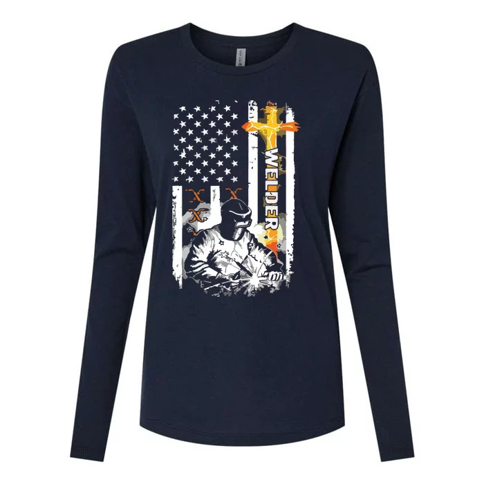 Welder American Flag Welding Fusing Material Funny Technical Womens Cotton Relaxed Long Sleeve T-Shirt