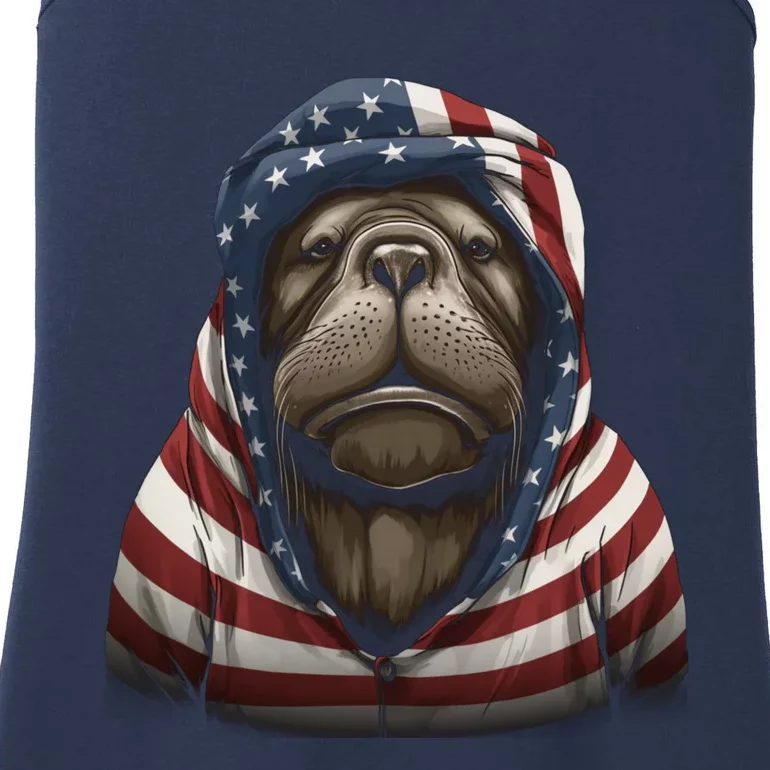 Walrus American Flag USA Tee 4th July Gifts Graphic Tees Ladies Essential Tank