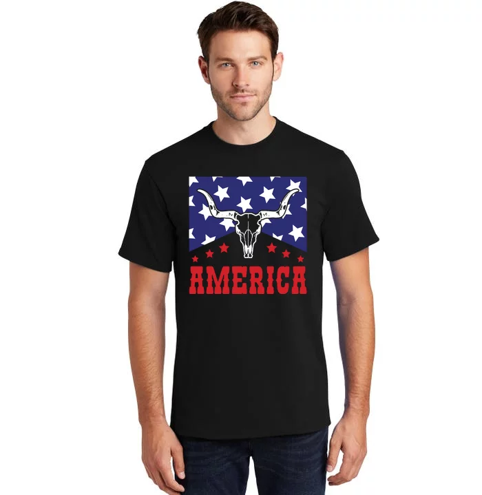 Western America Flag  Cowgirl Skull Wild West Tall T-Shirt