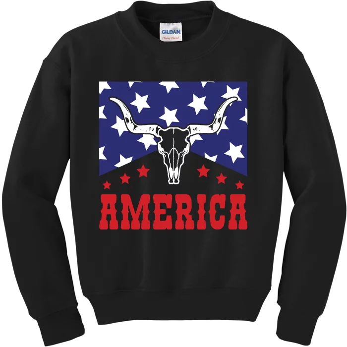 Western America Flag  Cowgirl Skull Wild West Kids Sweatshirt