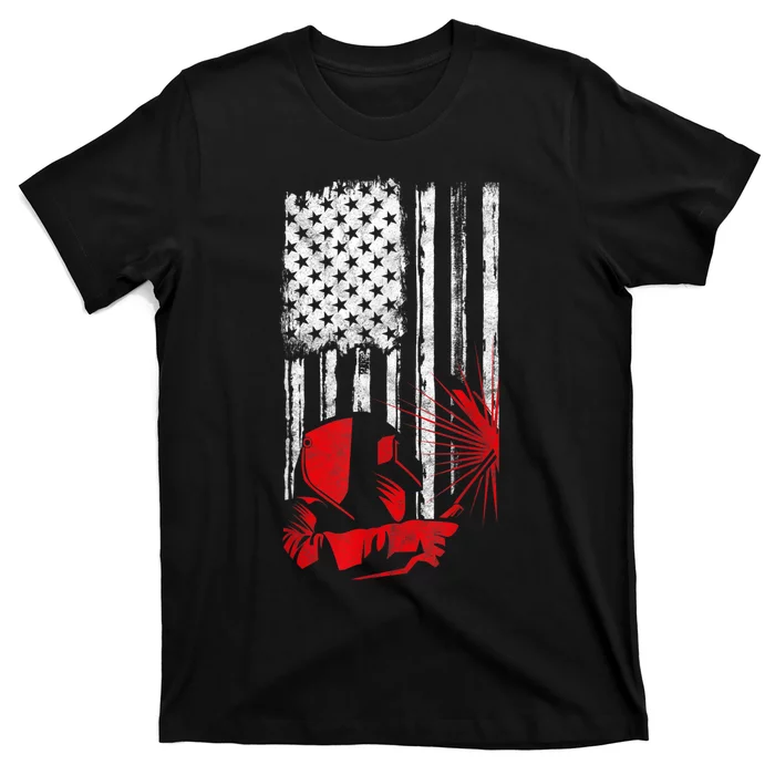 Welder American Flag Welding Gift Usa Distressed Helmet T-Shirt