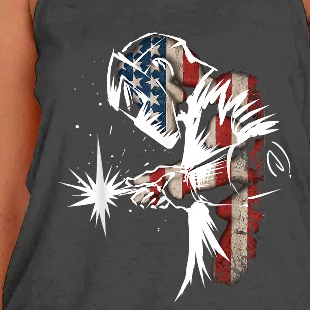 Welder American Flag USA Patriotic Welder Women's Knotted Racerback Tank