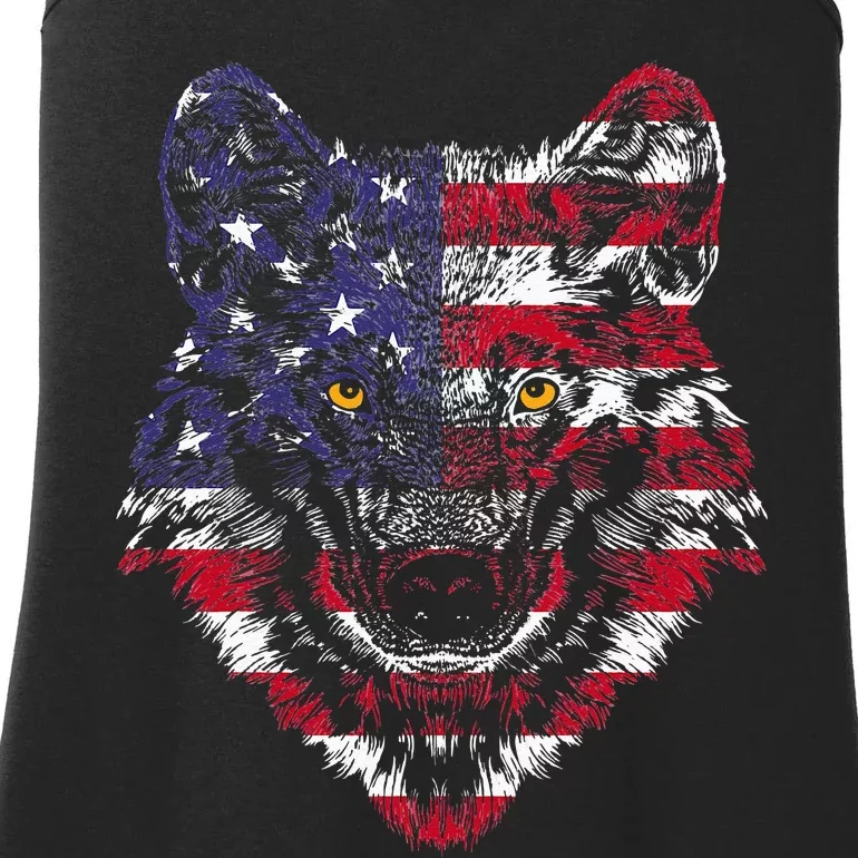 Wolf American Flag USA 4th of July Gift Wolf Lover Ladies Essential Tank