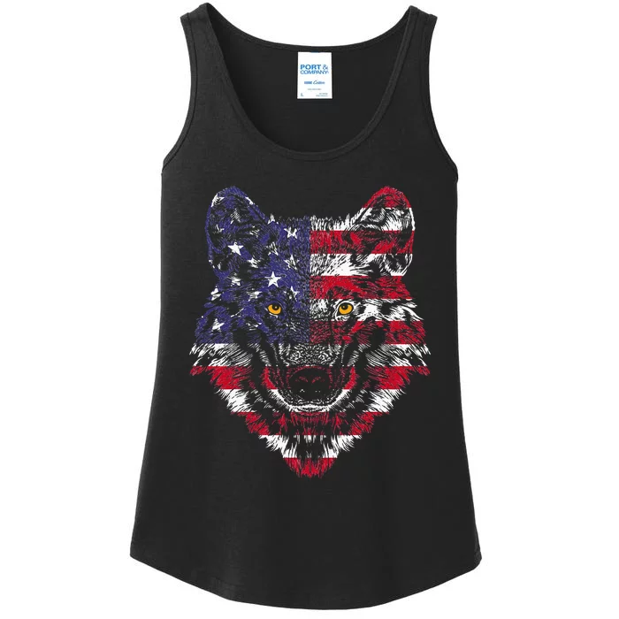 Wolf American Flag USA 4th of July Gift Wolf Lover Ladies Essential Tank