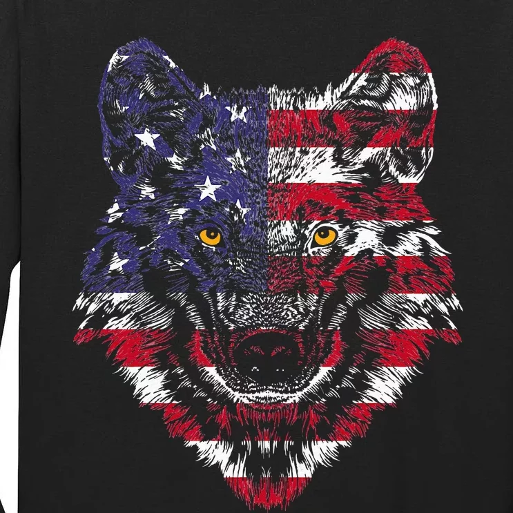 Wolf American Flag USA 4th of July Gift Wolf Lover Tall Long Sleeve T-Shirt