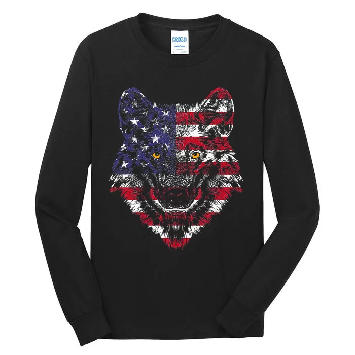 Wolf American Flag USA 4th of July Gift Wolf Lover Tall Long Sleeve T-Shirt