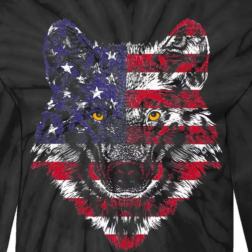 Wolf American Flag USA 4th of July Gift Wolf Lover Tie-Dye Long Sleeve Shirt