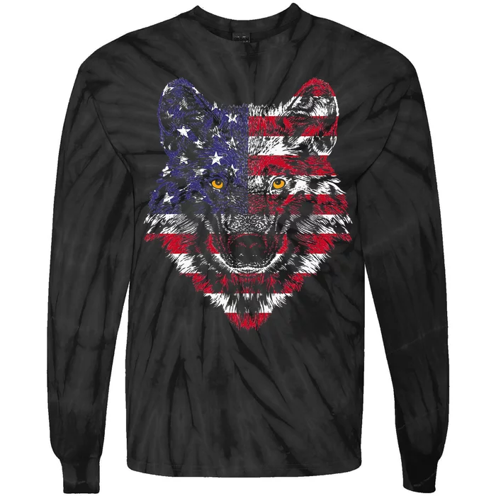 Wolf American Flag USA 4th of July Gift Wolf Lover Tie-Dye Long Sleeve Shirt