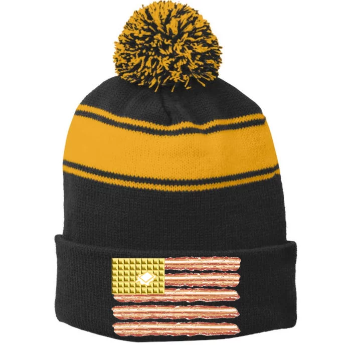 Waffle Bacon USA Flag Stripe Pom Pom Beanie