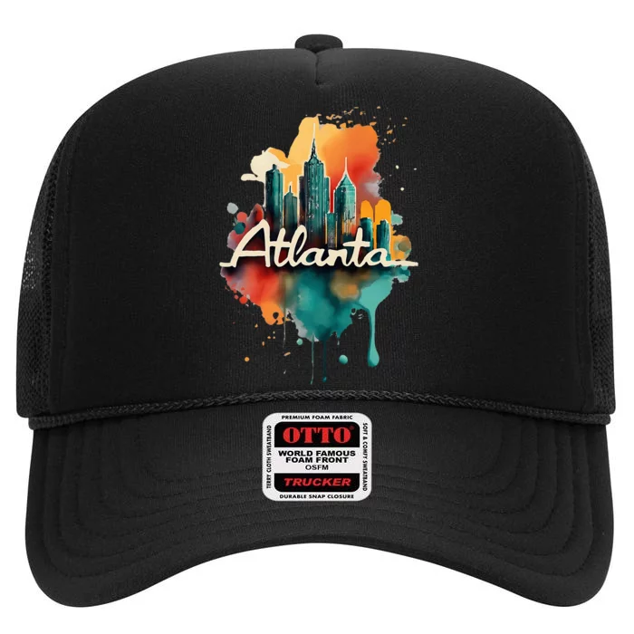 Watercolor Atlanta Georgia Skyline Retro Graphic Tees High Crown Mesh Trucker Hat