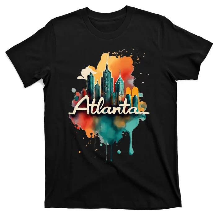 Watercolor Atlanta Georgia Skyline Retro Graphic Tees T-Shirt