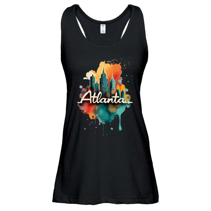 Watercolor Atlanta Georgia Skyline Retro Graphic Tees Ladies Essential Flowy Tank