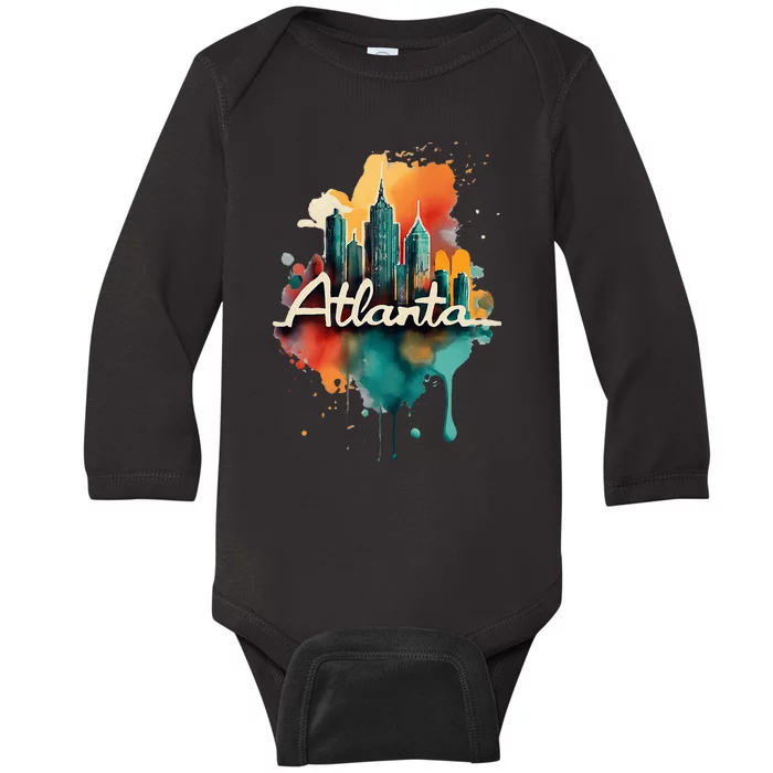 Watercolor Atlanta Georgia Skyline Retro Graphic Tees Baby Long Sleeve Bodysuit