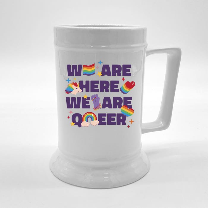 We Are Here We Are Queer Rainbow LGBTQ Front & Back Beer Stein