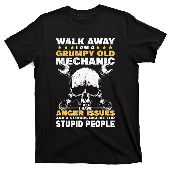 Walk Away I Am A Grumpy Old Mechanic Distressed Skull Dad T-Shirt