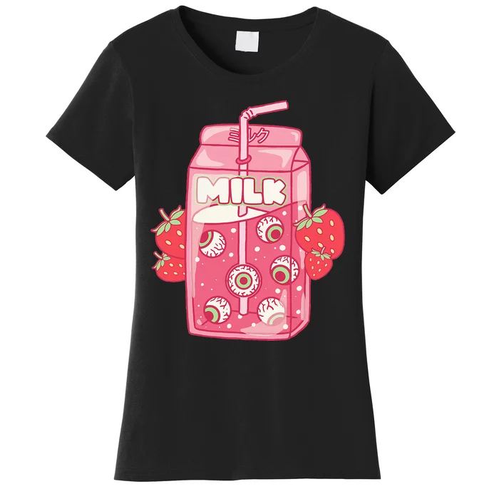 Weirdcore Aesthetic Kawaii Strawberry Milk Carton Eyeballs Women's T-Shirt