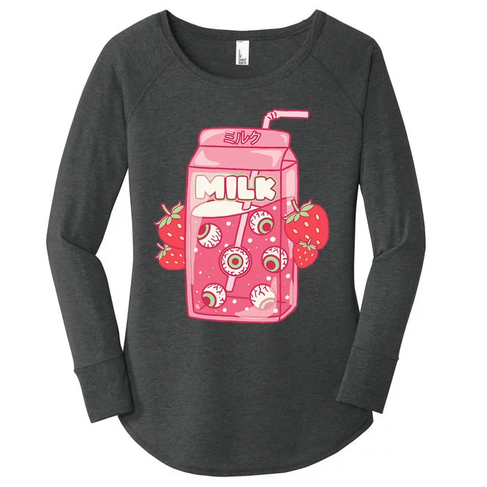 Weirdcore Aesthetic Kawaii Strawberry Milk Carton Eyeballs Women's Perfect Tri Tunic Long Sleeve Shirt