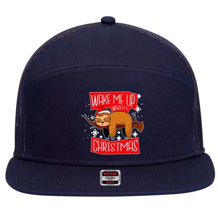 Wake Me Up When It's Christmas Funny Sloth 7 Panel Mesh Trucker Snapback Hat