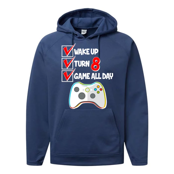 Wake Up Turn Eight Game All Day 8th Birthday Performance Fleece Hoodie