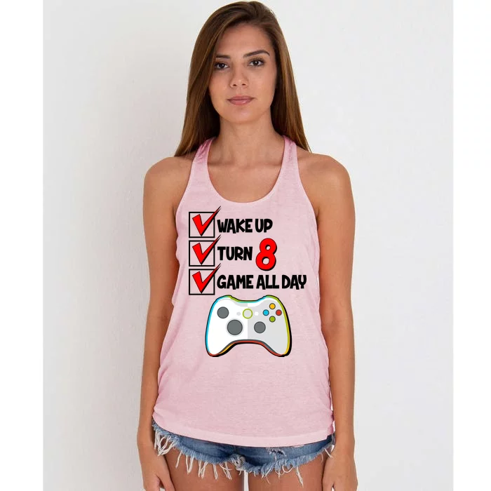 Wake Up Turn Eight Game All Day 8th Birthday Women's Knotted Racerback Tank