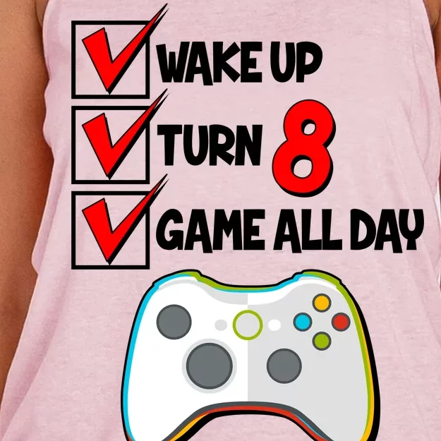 Wake Up Turn Eight Game All Day 8th Birthday Women's Knotted Racerback Tank