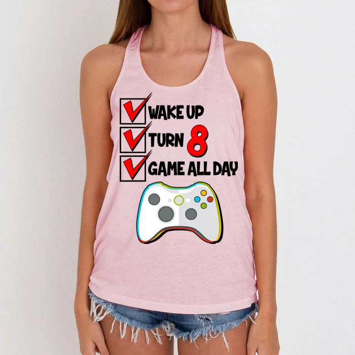 Wake Up Turn Eight Game All Day 8th Birthday Women's Knotted Racerback Tank