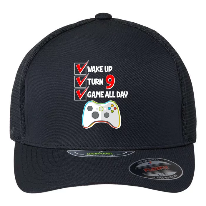 Wake Up Turn Nine Game All Day 9th Birthday Flexfit Unipanel Trucker Cap