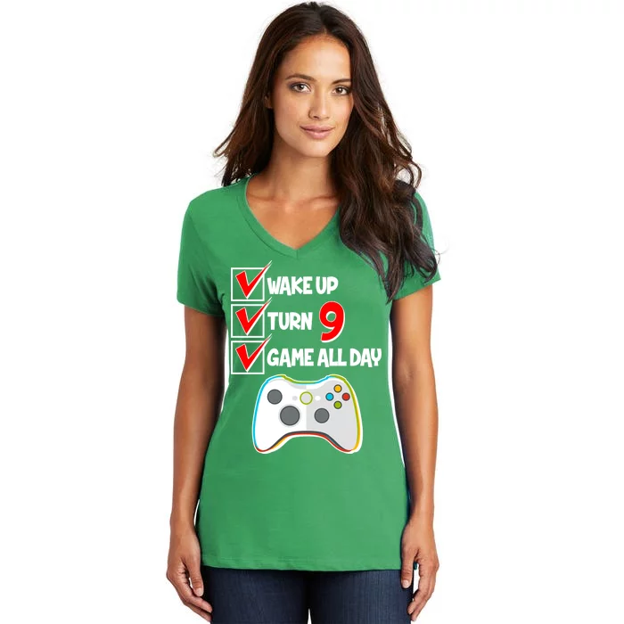 Wake Up Turn Nine Game All Day 9th Birthday Women's V-Neck T-Shirt