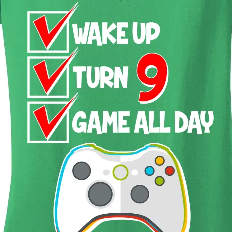 Wake Up Turn Nine Game All Day 9th Birthday Women's V-Neck T-Shirt