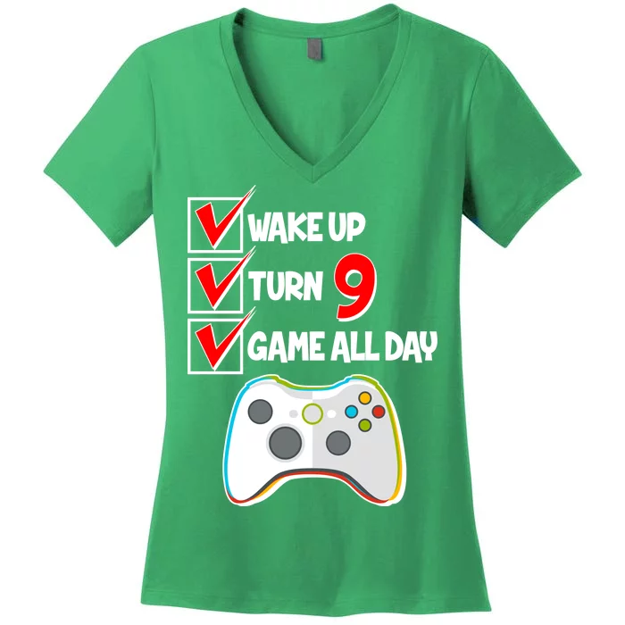 Wake Up Turn Nine Game All Day 9th Birthday Women's V-Neck T-Shirt