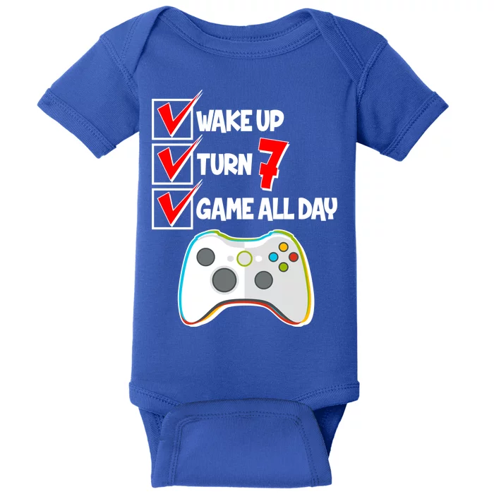 Wake Up Turn Seven Game All Day 7th Birthday Baby Bodysuit