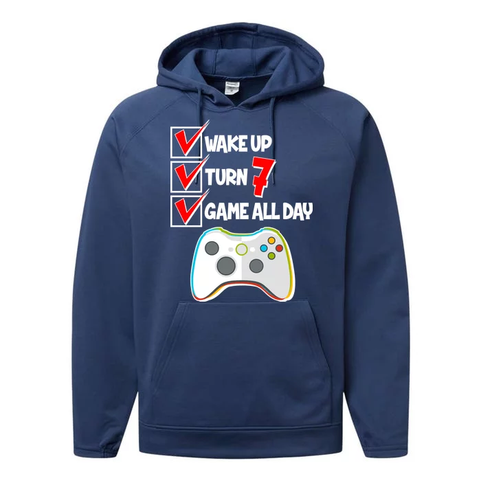 Wake Up Turn Seven Game All Day 7th Birthday Performance Fleece Hoodie