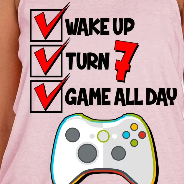 Wake Up Turn Seven Game All Day 7th Birthday Women's Knotted Racerback Tank