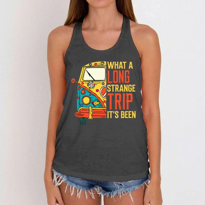 What A Long Strange Trip ItS Been 70s Hippie Camping Lover Women's Knotted Racerback Tank